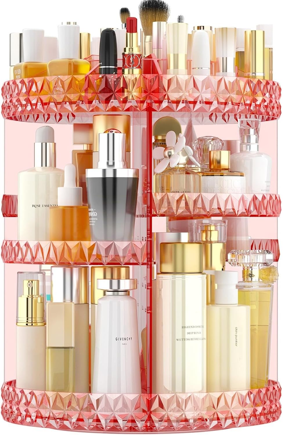 360 Rotating Makeup Organizer,DIY Adjustable Cosmetics Organizer[Patented Product],Professional Acrylic Make Up Caddy Shelf Storage Perfume,Lipsticks,Makeup Brushes or Accessories (Pink)