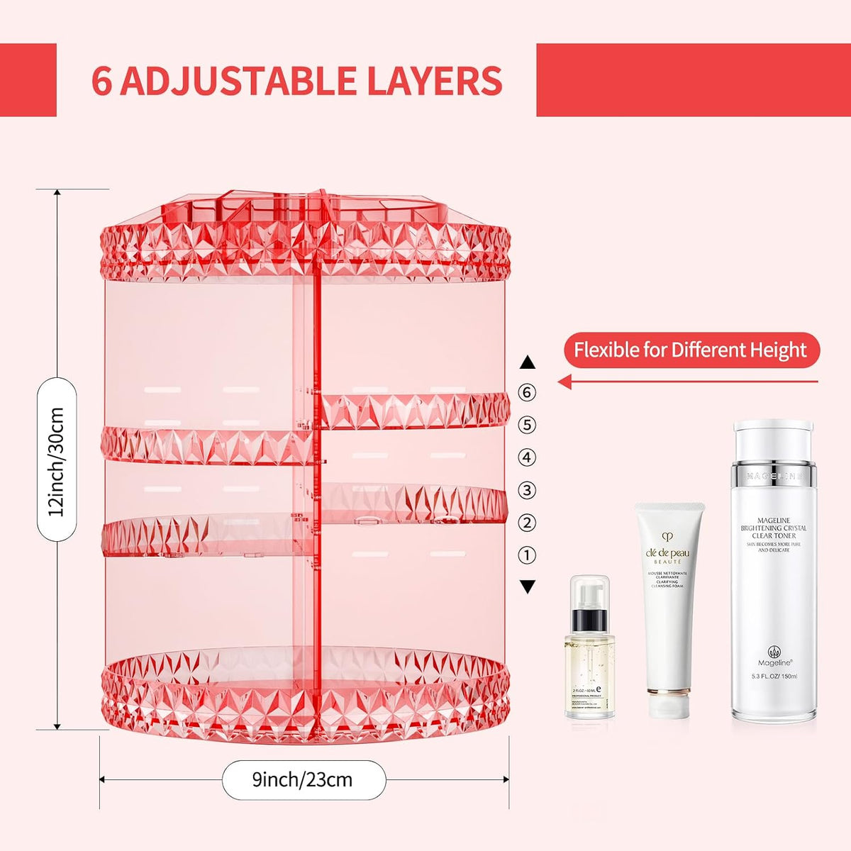 360 Rotating Makeup Organizer,DIY Adjustable Cosmetics Organizer[Patented Product],Professional Acrylic Make Up Caddy Shelf Storage Perfume,Lipsticks,Makeup Brushes or Accessories (Pink)