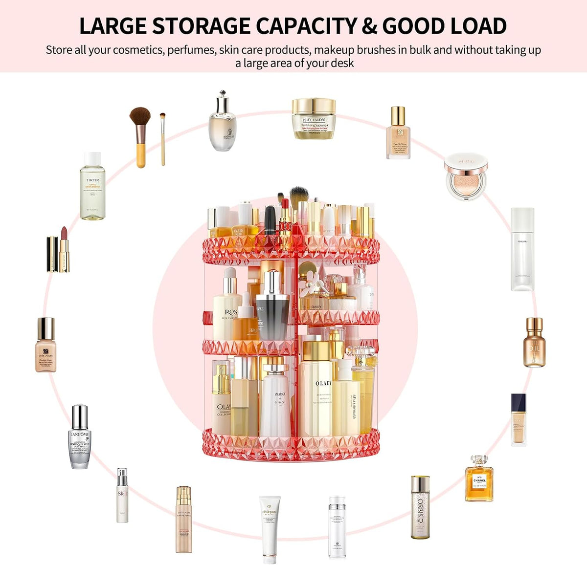 360 Rotating Makeup Organizer,DIY Adjustable Cosmetics Organizer[Patented Product],Professional Acrylic Make Up Caddy Shelf Storage Perfume,Lipsticks,Makeup Brushes or Accessories (Pink)