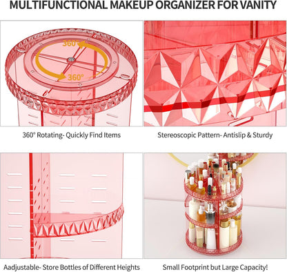 360 Rotating Makeup Organizer,DIY Adjustable Cosmetics Organizer[Patented Product],Professional Acrylic Make Up Caddy Shelf Storage Perfume,Lipsticks,Makeup Brushes or Accessories (Pink)