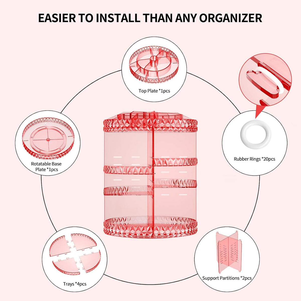 360 Rotating Makeup Organizer,DIY Adjustable Cosmetics Organizer[Patented Product],Professional Acrylic Make Up Caddy Shelf Storage Perfume,Lipsticks,Makeup Brushes or Accessories (Pink)