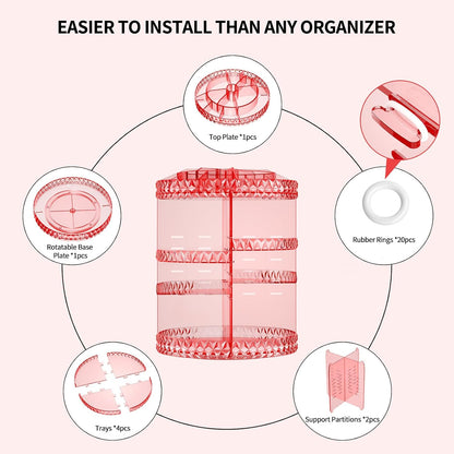 360 Rotating Makeup Organizer,DIY Adjustable Cosmetics Organizer[Patented Product],Professional Acrylic Make Up Caddy Shelf Storage Perfume,Lipsticks,Makeup Brushes or Accessories (Pink)
