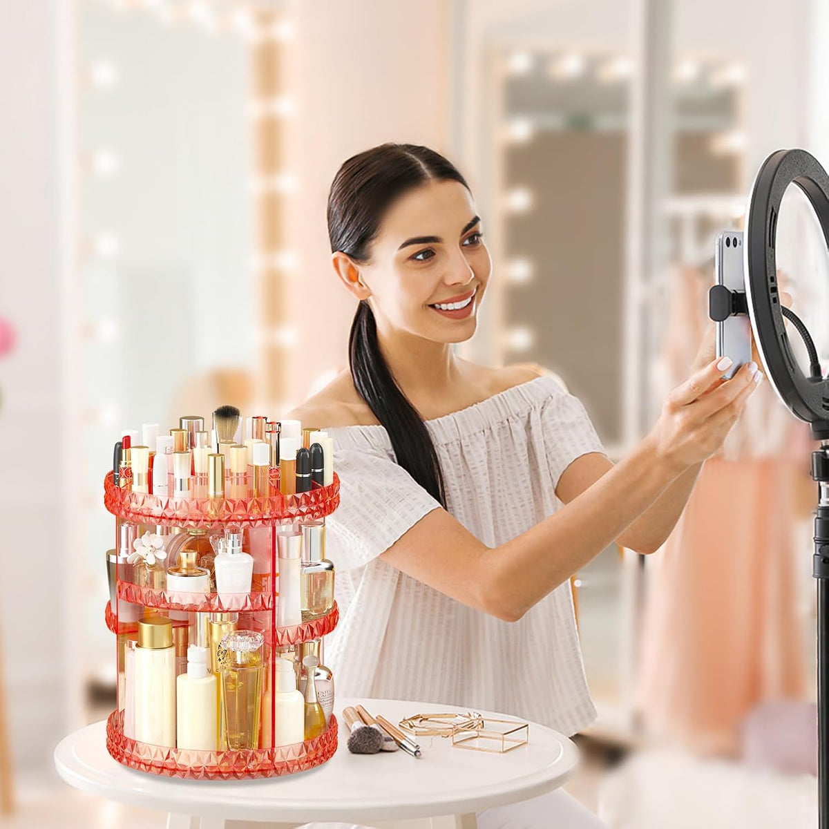 360 Rotating Makeup Organizer,DIY Adjustable Cosmetics Organizer[Patented Product],Professional Acrylic Make Up Caddy Shelf Storage Perfume,Lipsticks,Makeup Brushes or Accessories (Pink)