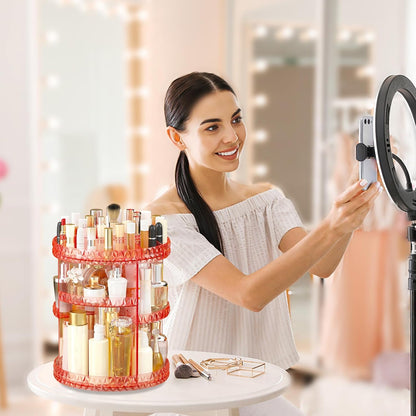 360 Rotating Makeup Organizer,DIY Adjustable Cosmetics Organizer[Patented Product],Professional Acrylic Make Up Caddy Shelf Storage Perfume,Lipsticks,Makeup Brushes or Accessories (Pink)
