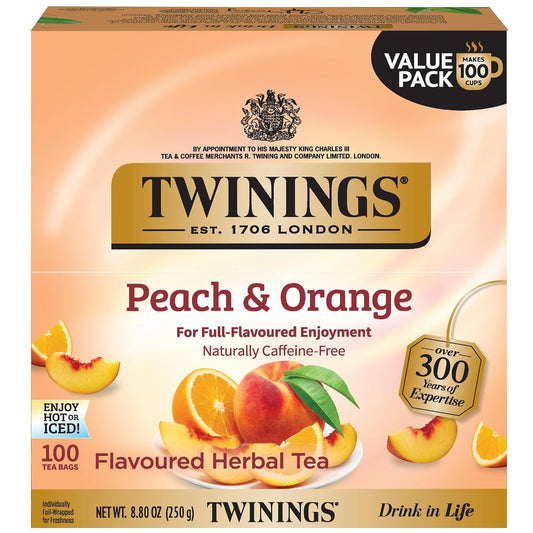 Peach & Orange Herbal Tea Individually Wrapped Bags, 100 Count (Pack of 1), Juicy & Fruity, Naturally Caffeine-Free, Enjoy Hot or Iced, 100 Teabags