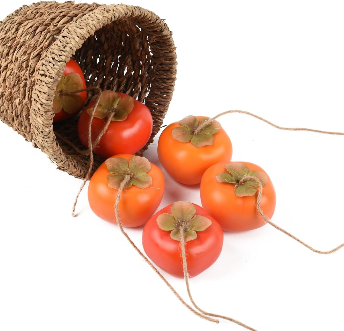Artificial Persimmon Fake Fruit Simulation, Lifelike Orange Red Persimmon Model with Jute String for Home Kitchen Party Decoration Desk Ornament, 6 PCS
