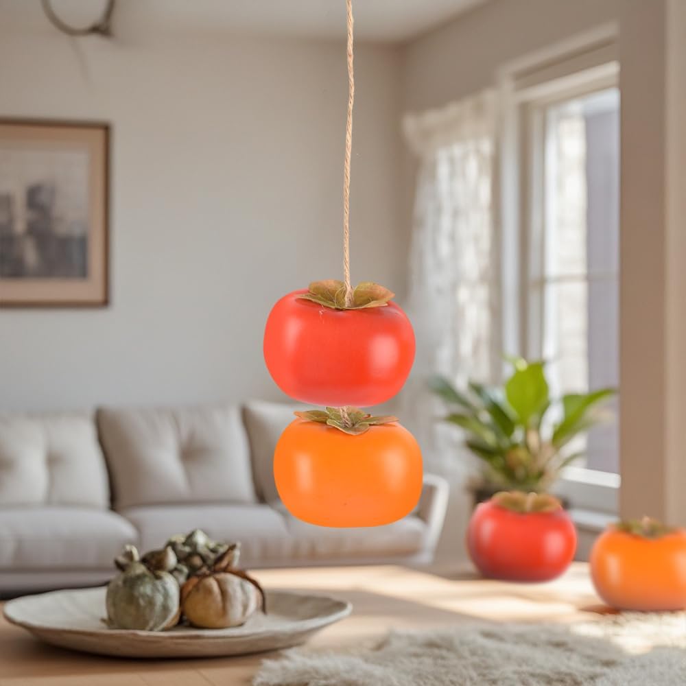 Artificial Persimmon Fake Fruit Simulation, Lifelike Orange Red Persimmon Model with Jute String for Home Kitchen Party Decoration Desk Ornament, 6 PCS