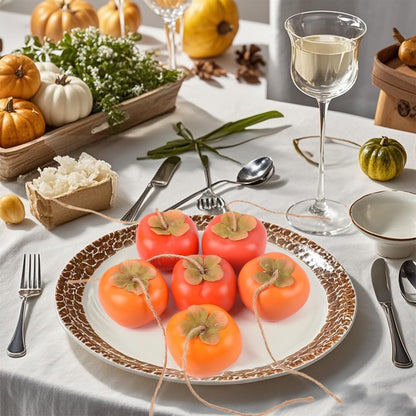 Artificial Persimmon Fake Fruit Simulation, Lifelike Orange Red Persimmon Model with Jute String for Home Kitchen Party Decoration Desk Ornament, 6 PCS