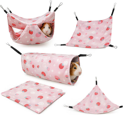 5 Pack Ferret Hammock, Rat Hammock, Washable Guinea Pig Hideout Bed, Soft Hanging Tunnel & Mat, Small Pet Cage Accessories for Chinchilla, Squirrel (Pink)
