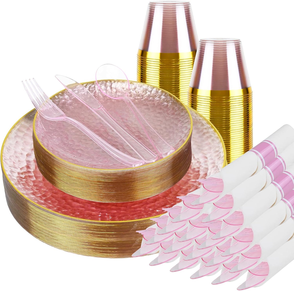 175PCS Gold and Pink Plastic Plate Set Clear Pink Disposable Plate
