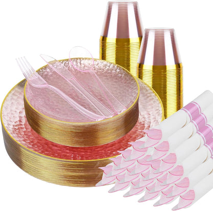 175PCS Gold and Pink Plastic Plate Set Clear Pink Disposable Plate