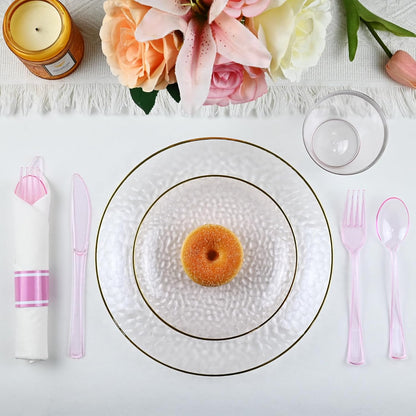 175PCS Gold and Pink Plastic Plate Set Clear Pink Disposable Plate