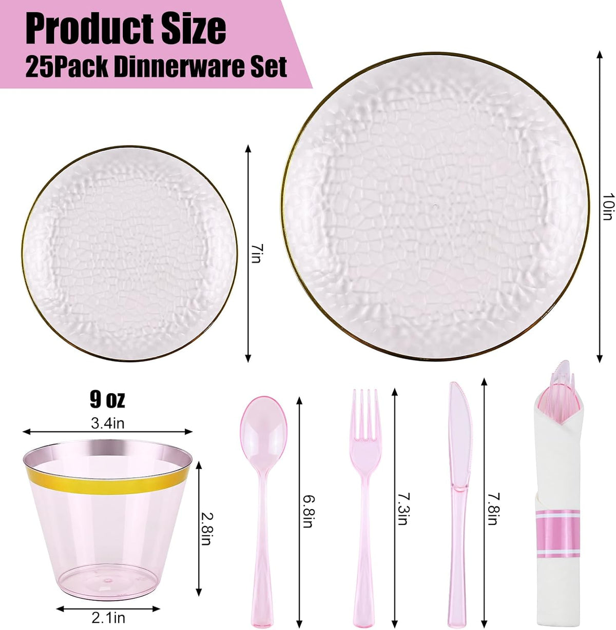 175PCS Gold and Pink Plastic Plate Set Clear Pink Disposable Plate