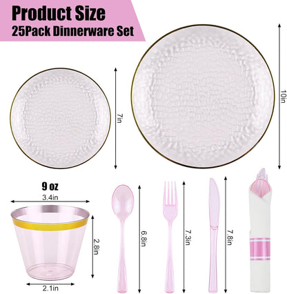 175PCS Gold and Pink Plastic Plate Set Clear Pink Disposable Plate