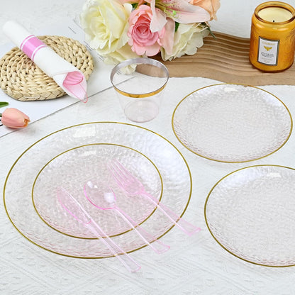 175PCS Gold and Pink Plastic Plate Set Clear Pink Disposable Plate