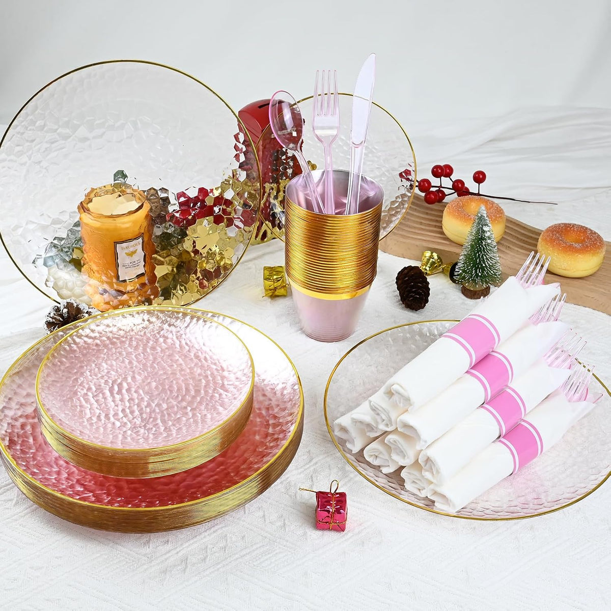 175PCS Gold and Pink Plastic Plate Set Clear Pink Disposable Plate