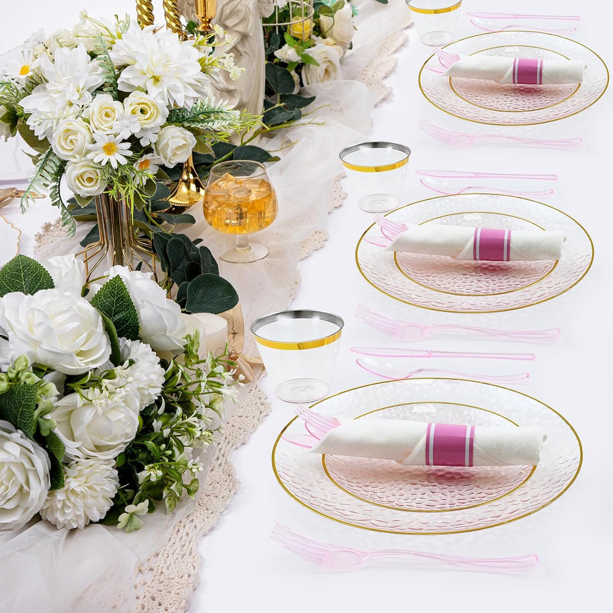 175PCS Gold and Pink Plastic Plate Set Clear Pink Disposable Plate