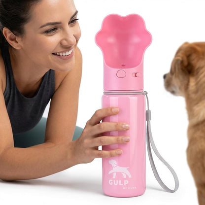 Gulp 18oz Dog Travel Water Bottle with Paw-Shaped Bowl - Insulated Stainless Steel, Leakproof & Portable with Carry Strap for Outdoor Walking, Hiking & Pet Hydration on-the-Go - Pink