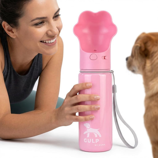 Gulp 18oz Dog Travel Water Bottle with Paw-Shaped Bowl - Insulated Stainless Steel, Leakproof & Portable with Carry Strap for Outdoor Walking, Hiking & Pet Hydration on-the-Go - Pink