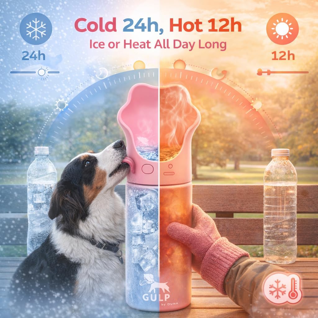 Gulp 18oz Dog Travel Water Bottle with Paw-Shaped Bowl - Insulated Stainless Steel, Leakproof & Portable with Carry Strap for Outdoor Walking, Hiking & Pet Hydration on-the-Go - Pink