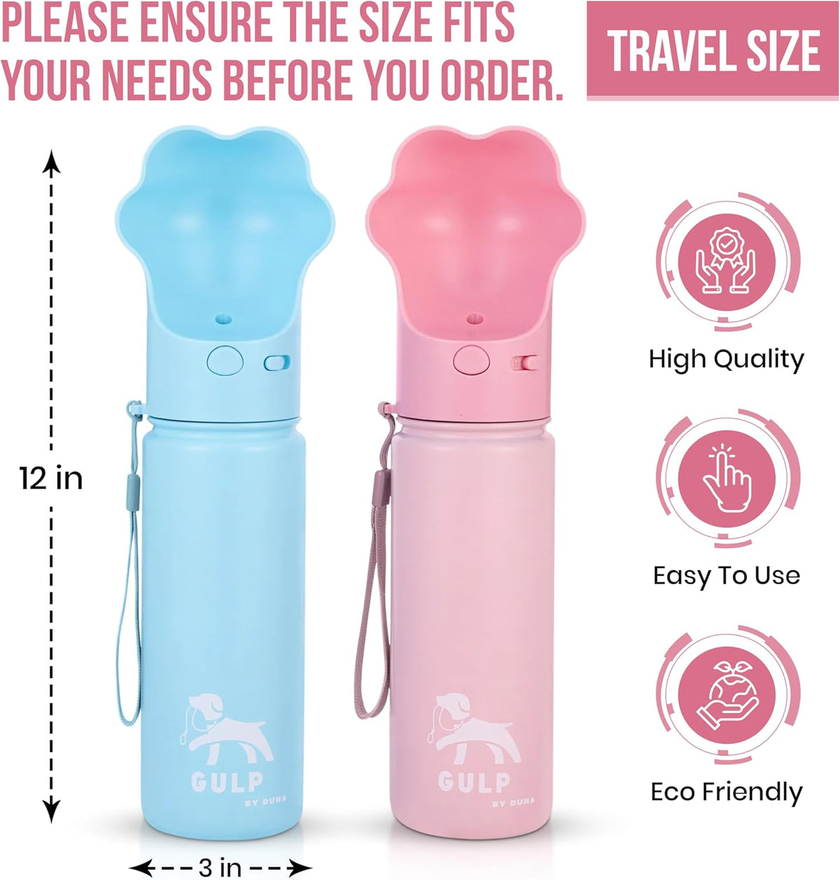 Gulp 18oz Dog Travel Water Bottle with Paw-Shaped Bowl - Insulated Stainless Steel, Leakproof & Portable with Carry Strap for Outdoor Walking, Hiking & Pet Hydration on-the-Go - Pink