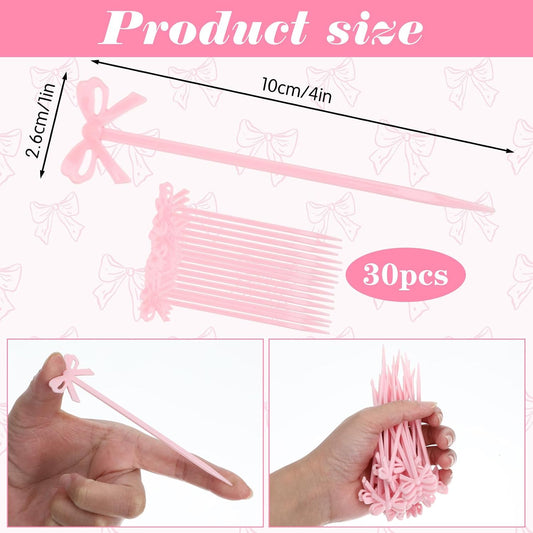 30Pcs Bow Cocktail Picks, 4 Inch Cute Pink Fruit Skewers for Party