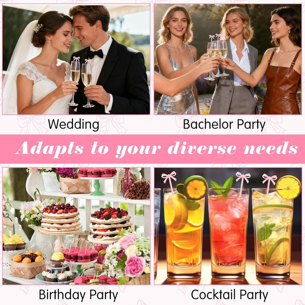 30Pcs Bow Cocktail Picks, 4 Inch Cute Pink Fruit Skewers for Party
