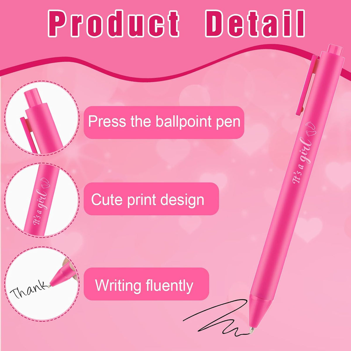 60 Pcs Baby Shower Ballpoint Pen Baby Shower Party Favor Retractable Pink Ballpoint Pen with Black Ink for Girl Guest Teacher Student Office School Writing Journal Party Supplies