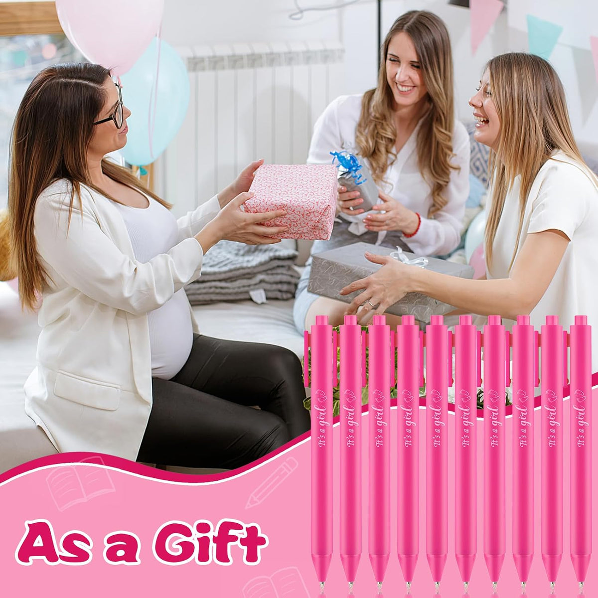 60 Pcs Baby Shower Ballpoint Pen Baby Shower Party Favor Retractable Pink Ballpoint Pen with Black Ink for Girl Guest Teacher Student Office School Writing Journal Party Supplies