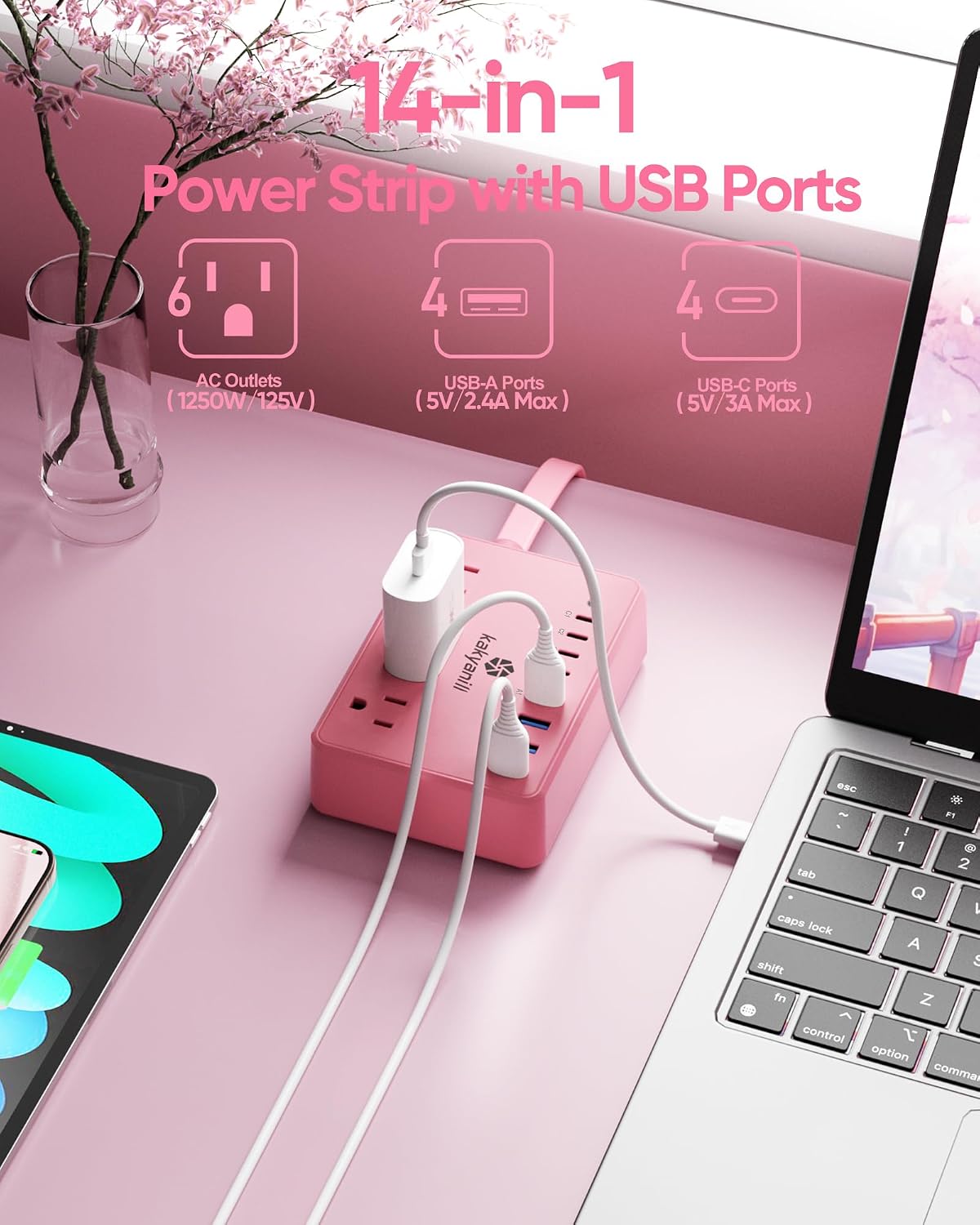 8 USB Pink Power Strip with 6 AC(4 USB-C), 5 FT Extension Cord