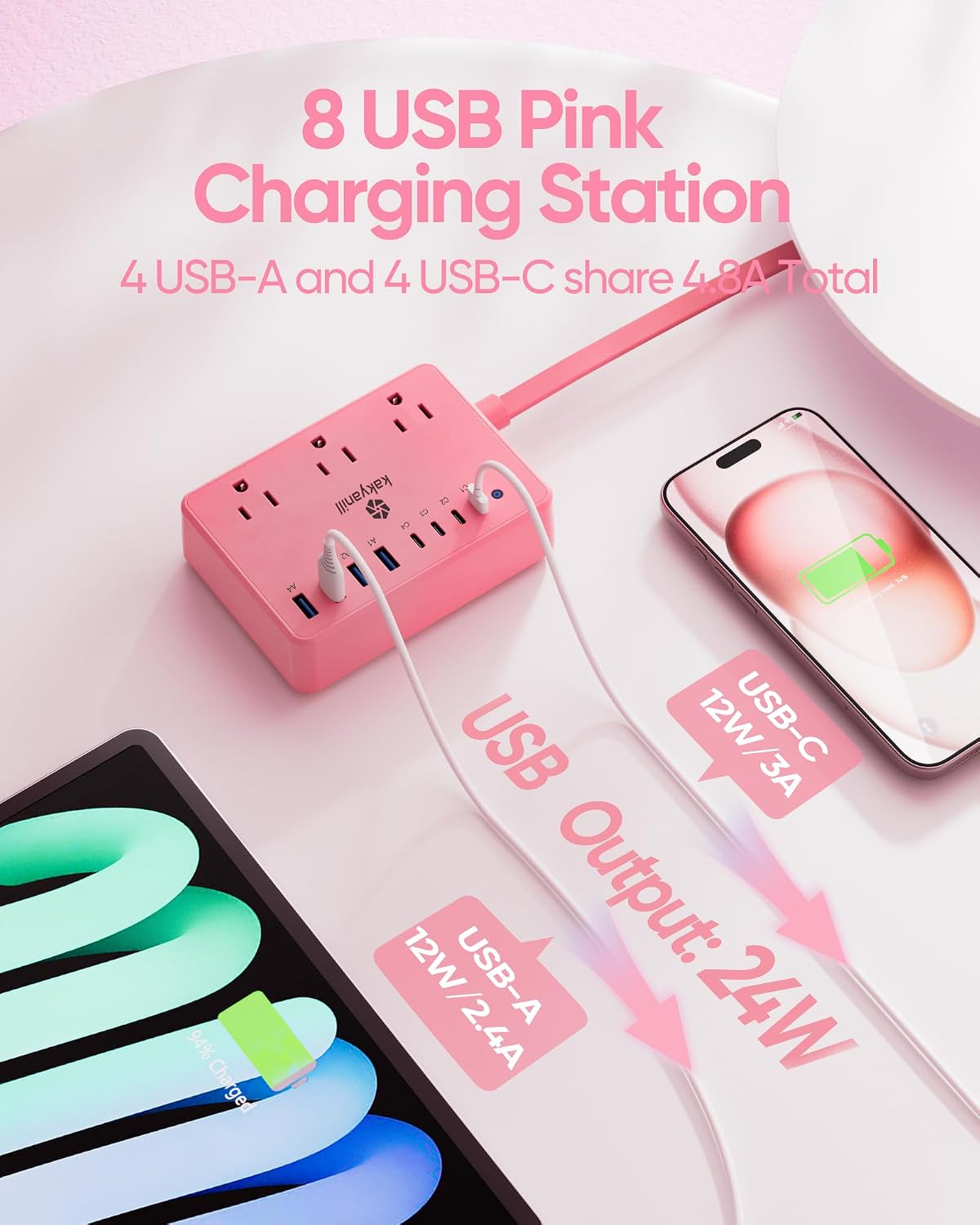 8 USB Pink Power Strip with 6 AC(4 USB-C), 5 FT Extension Cord