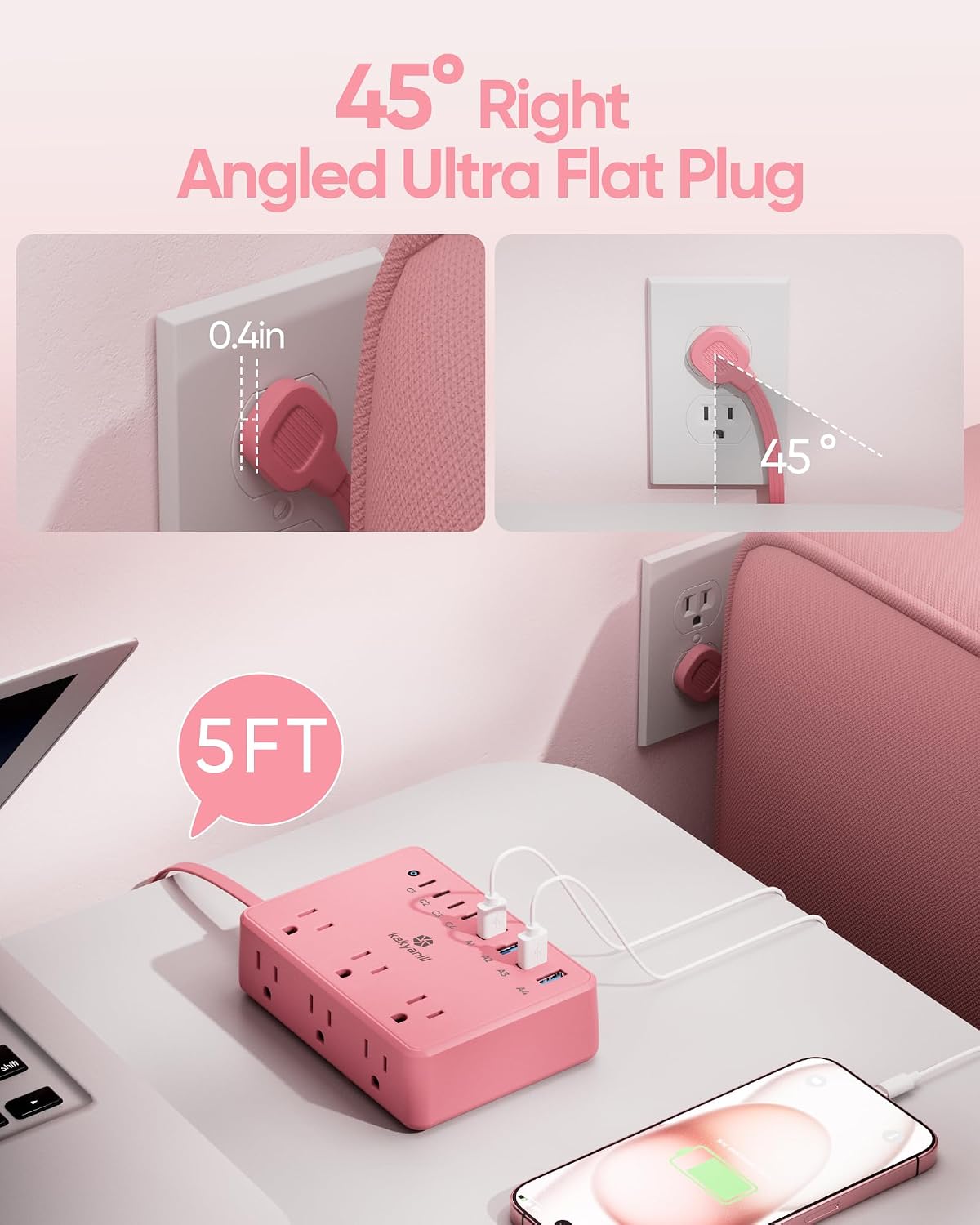 8 USB Pink Power Strip with 6 AC(4 USB-C), 5 FT Extension Cord