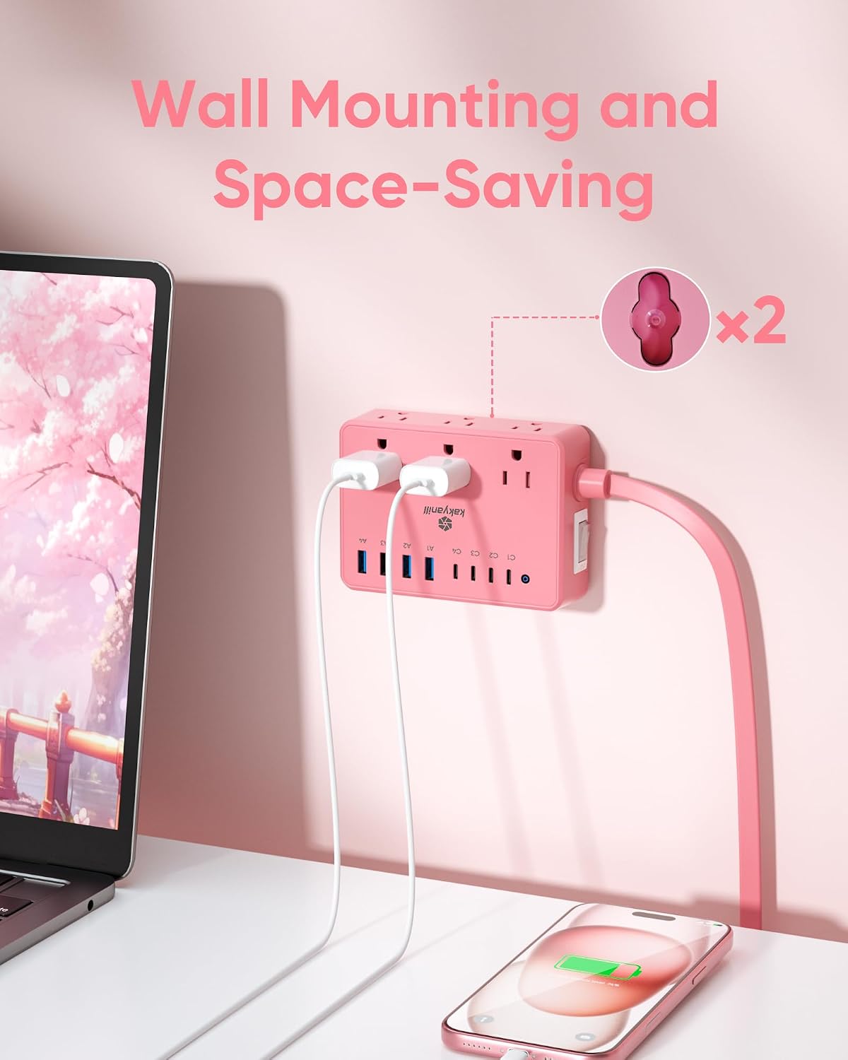 8 USB Pink Power Strip with 6 AC(4 USB-C), 5 FT Extension Cord