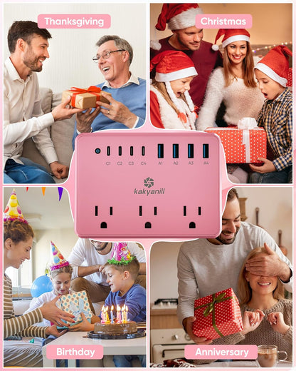 8 USB Pink Power Strip with 6 AC(4 USB-C), 5 FT Extension Cord