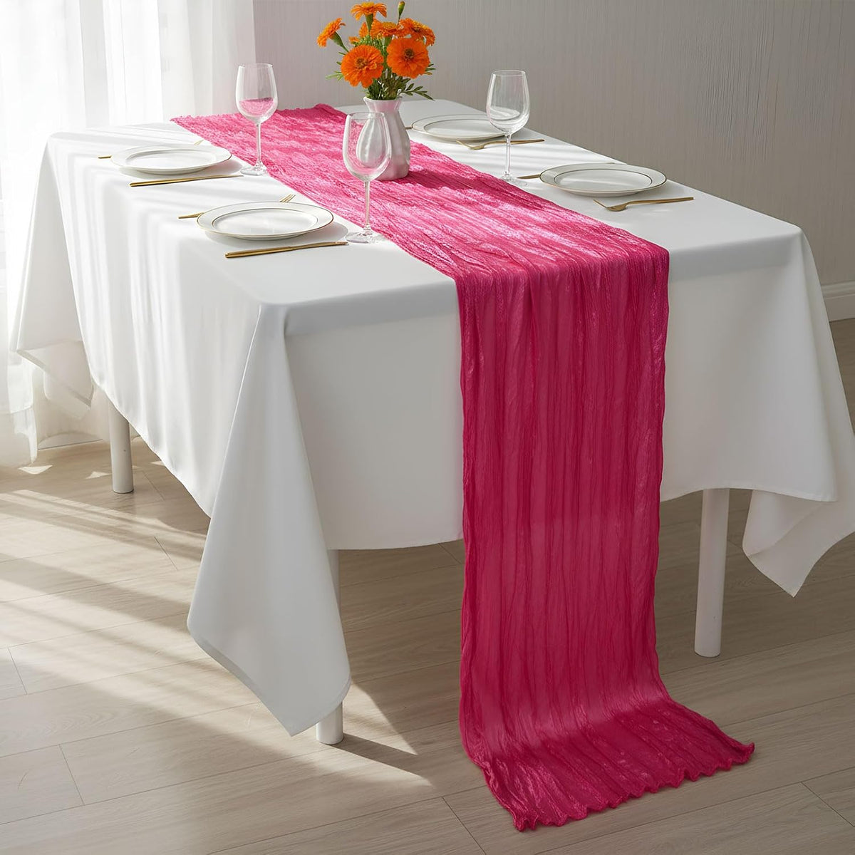 6 Pcs Hot Pink and Orange Cheesecloth Table Runners 118"