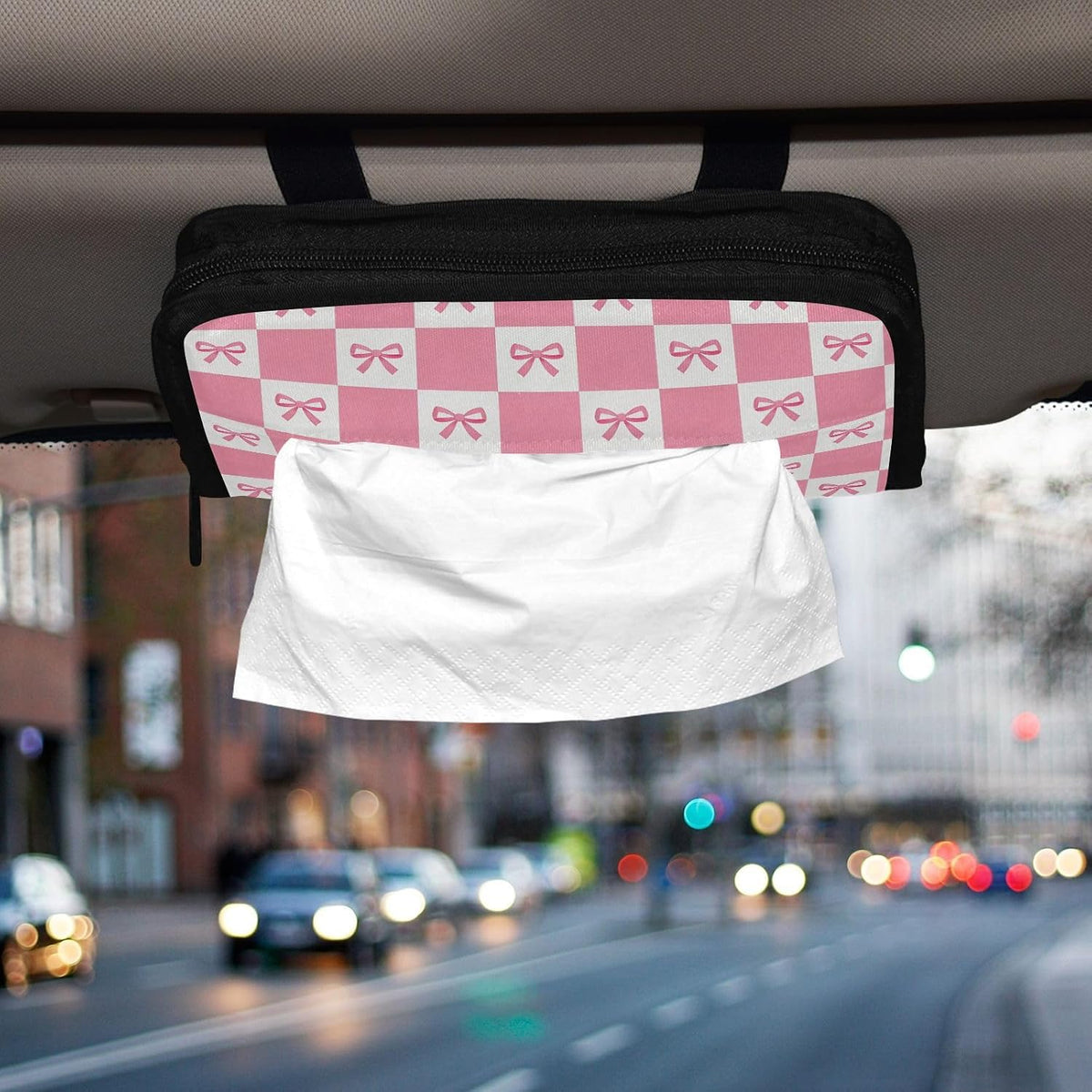 Car Tissue Holder Car Visor Organizer Tissue Box Holder for Car Sun Visor Organizer with Car Vehicle Accessories Essentials Interior for Women Men Pink Bows Checkerboard