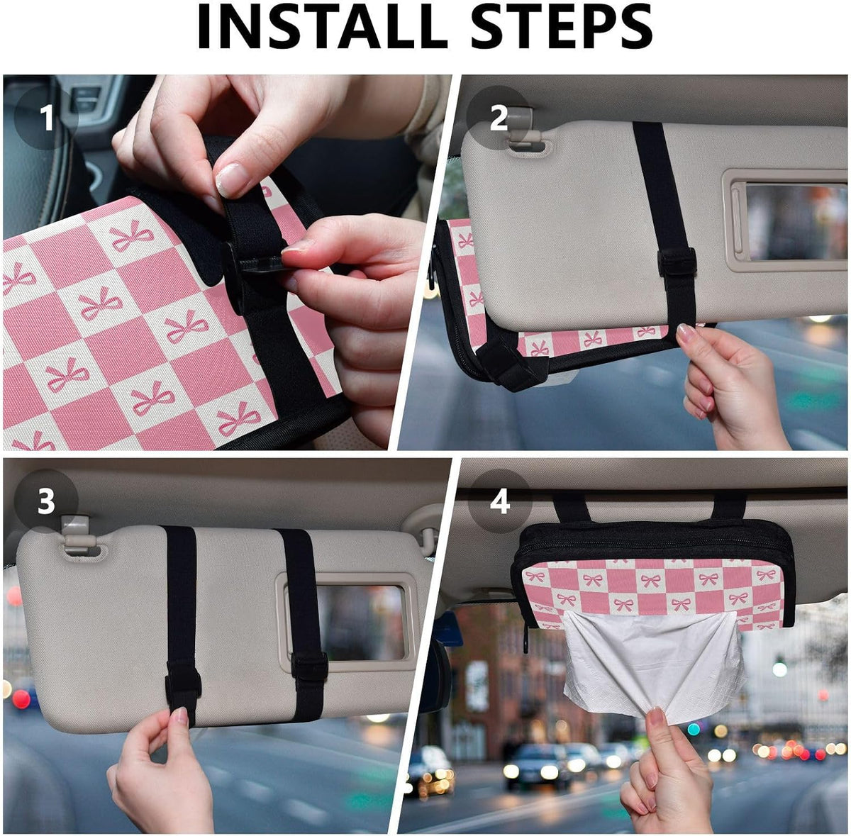 Car Tissue Holder Car Visor Organizer Tissue Box Holder for Car Sun Visor Organizer with Car Vehicle Accessories Essentials Interior for Women Men Pink Bows Checkerboard