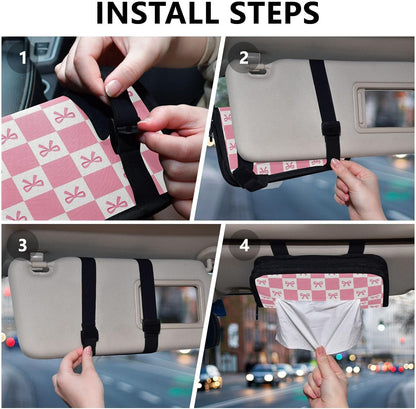 Car Tissue Holder Car Visor Organizer Tissue Box Holder for Car Sun Visor Organizer with Car Vehicle Accessories Essentials Interior for Women Men Pink Bows Checkerboard