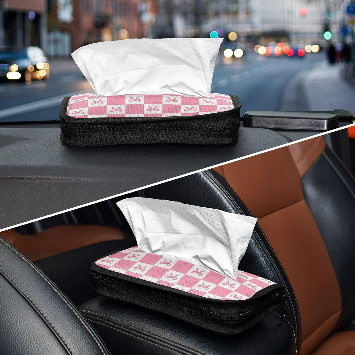 Car Tissue Holder Car Visor Organizer Tissue Box Holder for Car Sun Visor Organizer with Car Vehicle Accessories Essentials Interior for Women Men Pink Bows Checkerboard