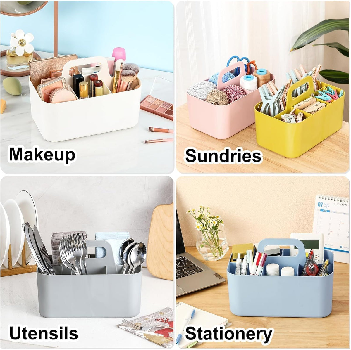 Multiuse Caddy Organizer with Handle, Portable Divided Plastic Tote Bin - Art Craft, Stationary Pen Marker Crayons, Makeup Hair Supplies Storage - Bathroom, Classroom, Dorm, Office, Desk Holder - Pink