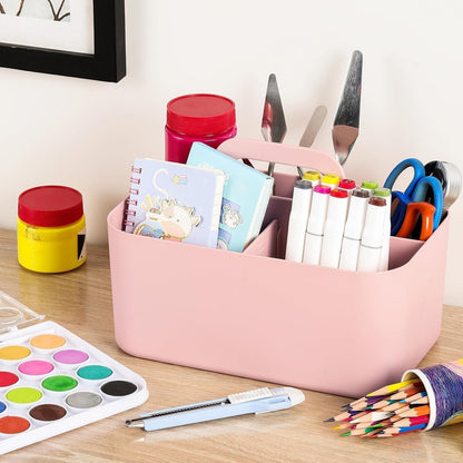 Multiuse Caddy Organizer with Handle, Portable Divided Plastic Tote Bin - Art Craft, Stationary Pen Marker Crayons, Makeup Hair Supplies Storage - Bathroom, Classroom, Dorm, Office, Desk Holder - Pink