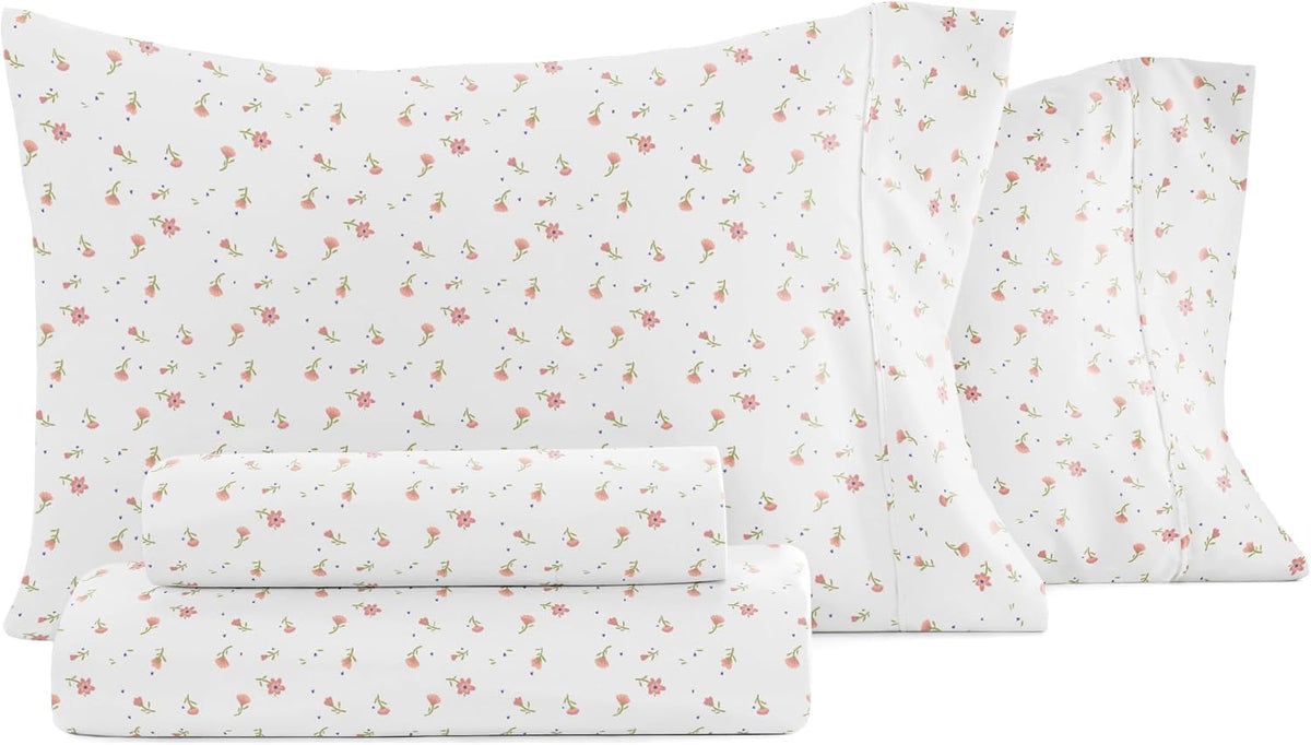 4 Piece Queen Sheet Set - Breathable, Double-Brushed Patterned Cooling Sheets – Oeko-TEX Certified Ultra Soft & Wrinkle-Free 16" Deep-Pocket Queen Sheets - Easy Care Soft Floral Pink