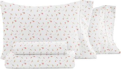 4 Piece Queen Sheet Set - Breathable, Double-Brushed Patterned Cooling Sheets – Oeko-TEX Certified Ultra Soft & Wrinkle-Free 16" Deep-Pocket Queen Sheets - Easy Care Soft Floral Pink