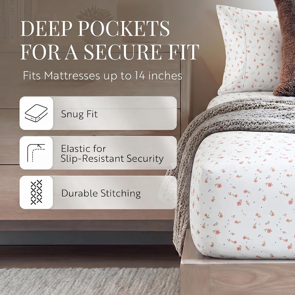 4 Piece Queen Sheet Set - Breathable, Double-Brushed Patterned Cooling Sheets – Oeko-TEX Certified Ultra Soft & Wrinkle-Free 16" Deep-Pocket Queen Sheets - Easy Care Soft Floral Pink