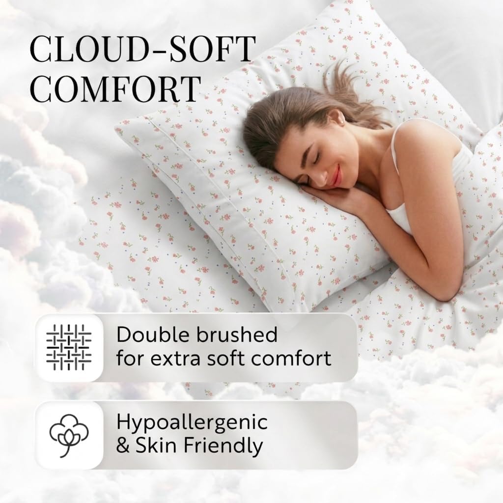 4 Piece Queen Sheet Set - Breathable, Double-Brushed Patterned Cooling Sheets – Oeko-TEX Certified Ultra Soft & Wrinkle-Free 16" Deep-Pocket Queen Sheets - Easy Care Soft Floral Pink