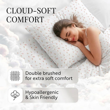 4 Piece Queen Sheet Set - Breathable, Double-Brushed Patterned Cooling Sheets – Oeko-TEX Certified Ultra Soft & Wrinkle-Free 16" Deep-Pocket Queen Sheets - Easy Care Soft Floral Pink