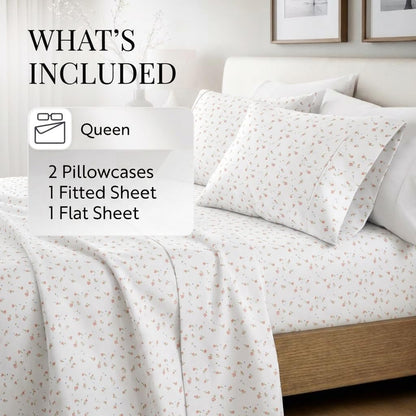 4 Piece Queen Sheet Set - Breathable, Double-Brushed Patterned Cooling Sheets – Oeko-TEX Certified Ultra Soft & Wrinkle-Free 16" Deep-Pocket Queen Sheets - Easy Care Soft Floral Pink