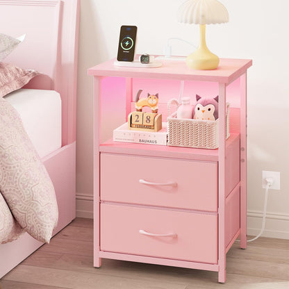 Night Stand with Charging Station, LED Nightstand with U-S-B Ports and Outlets, 2 Fabric Storage Drawers with PU Finish, Small Bedside Table, Pink