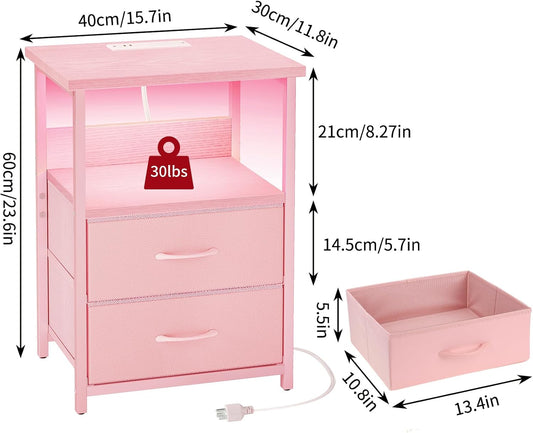 Night Stand with Charging Station, LED Nightstand with U-S-B Ports and Outlets, 2 Fabric Storage Drawers with PU Finish, Small Bedside Table, Pink