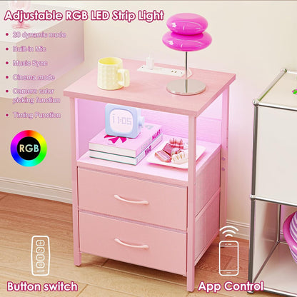 Night Stand with Charging Station, LED Nightstand with U-S-B Ports and Outlets, 2 Fabric Storage Drawers with PU Finish, Small Bedside Table, Pink